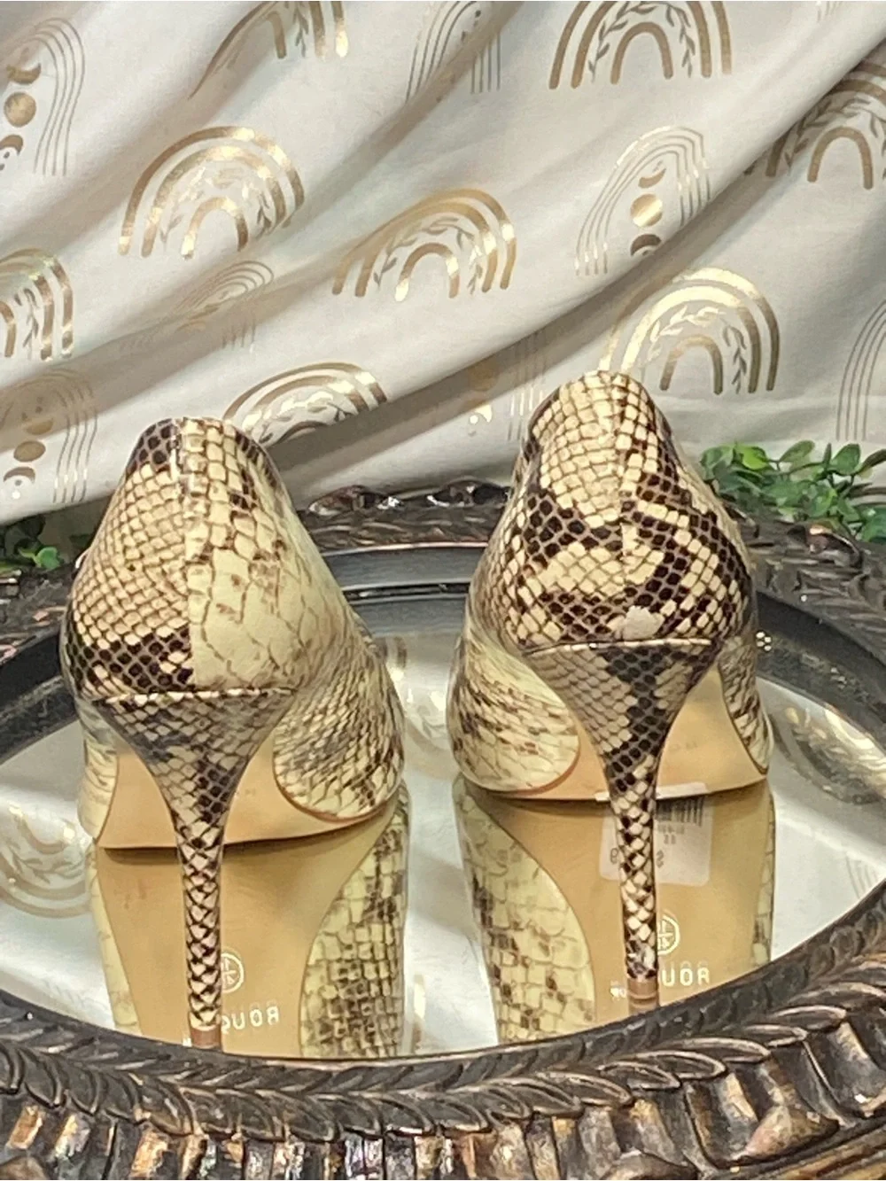Rouge Helium Snakeskin Pointed-Toe Stiletto Heels — Cream/Brown